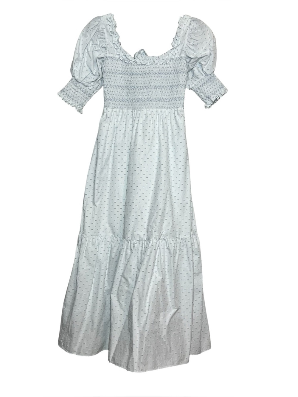 Dondolo Dress Womens XS Maxi White Blue Swiss Dot Smocked Cottagecore Prairie